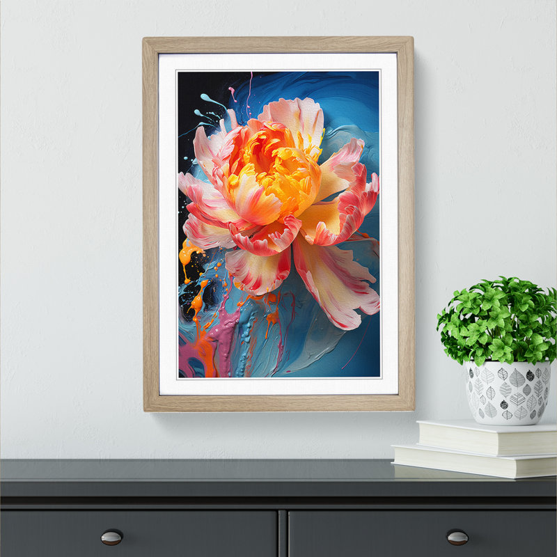 Peony Flower Expressionism - Single Picture Frame Print on Wood, Oak Framed, 64cm H x 46cm W x 2cm D