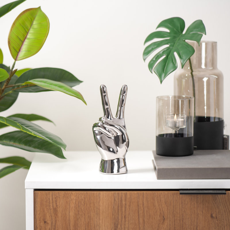 Peace Sign Hand Gesture Statue, 10" H x 4" W x 3.5" D, Silver