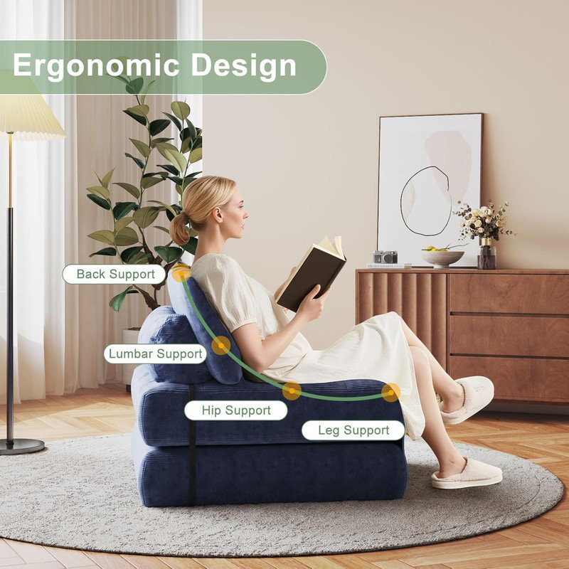 Folding Sofa Bed, Multifunctional Floor Couch for Living Room, Convertible Sleeper Chair with Pillow, Foldable Mattress with Back Support, Portable Fold-Out Couch, Single Corduroy