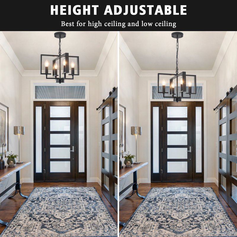 4-Light Dimmable Farmhouse Chandelier in Black and Brown Metal, Geometric Lantern Candle-Style, Ideal for Kitchen Islands, Dining & Entryways