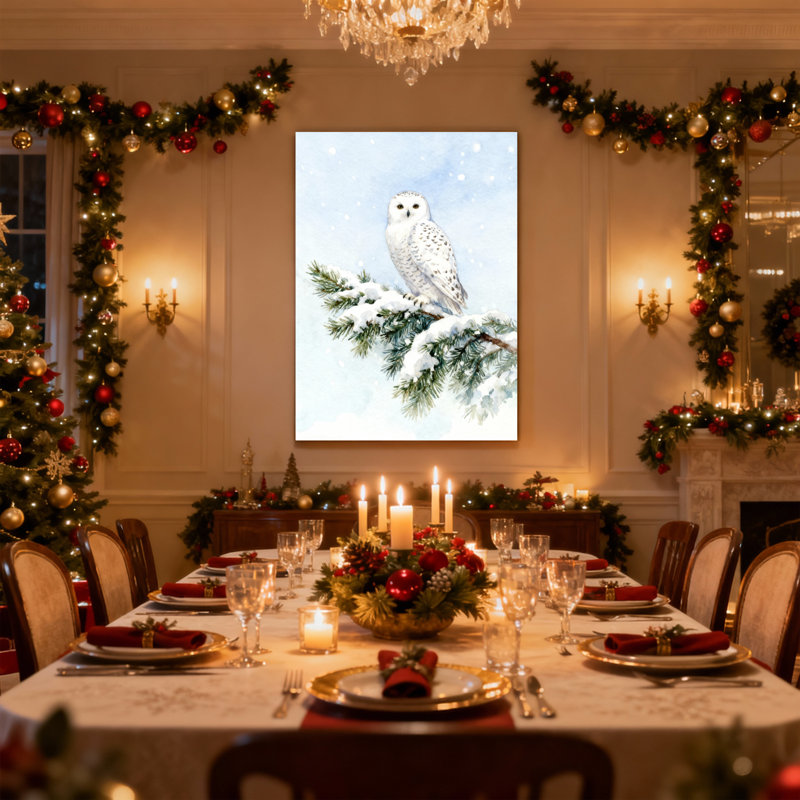 Christmas Snowy Owl perché sur une branche de neige, ensemble de 3 impressions sur toile, H 18 po x l 12 po