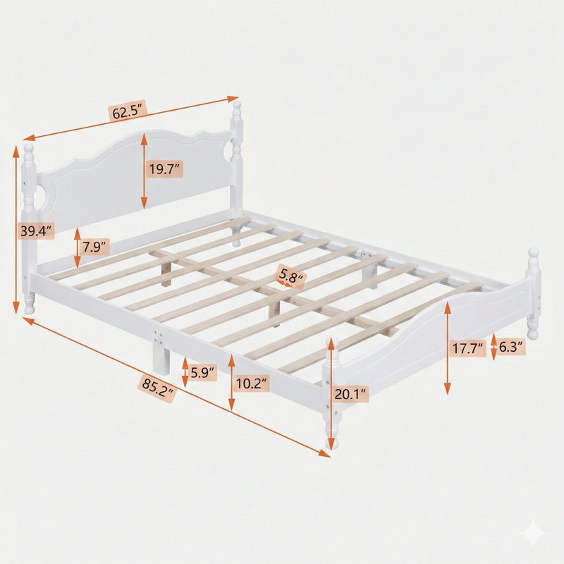 Structure de lit plateforme en bois pour grand lit, avec un lit plateforme de style rétro avec support en lattes de bois, en blanc.