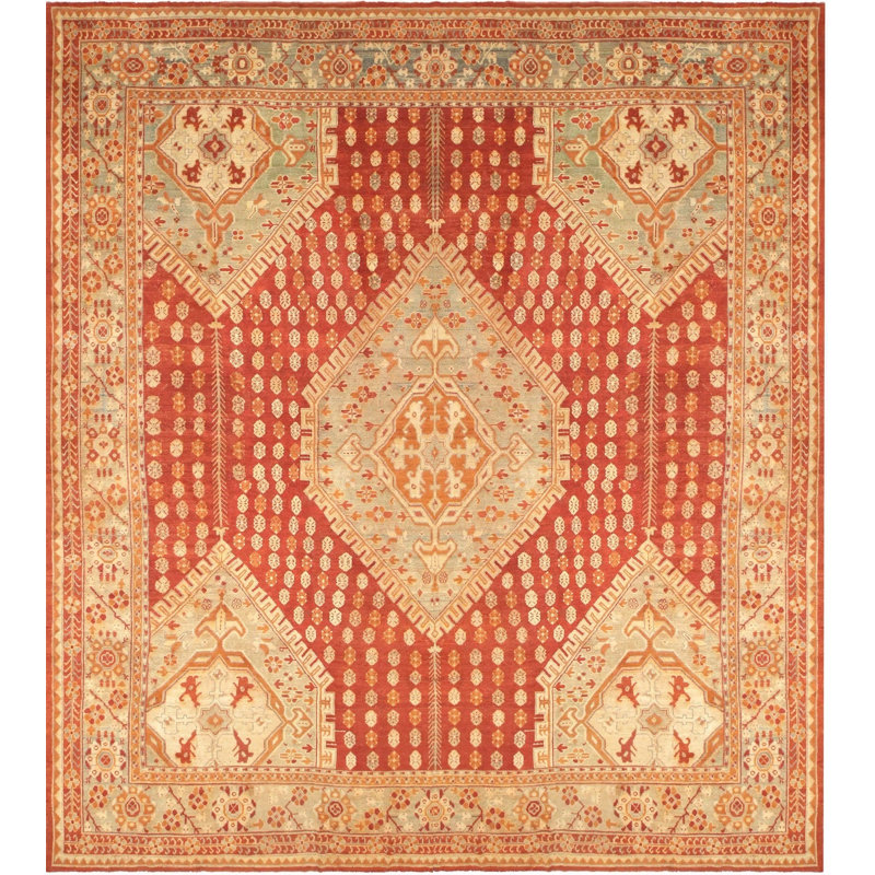 Tapis rouge / ivoire / jaune en laine noué à la main de conception unique années 1900 de 16 pi 10 po x 19 pi 6 po OverSize
