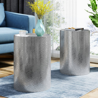 Contemporary Iron Side Table Pair - Hammered Surface, No Assembly Needed, Silver Modern Of 2 Frame, Ready To Place, Hue