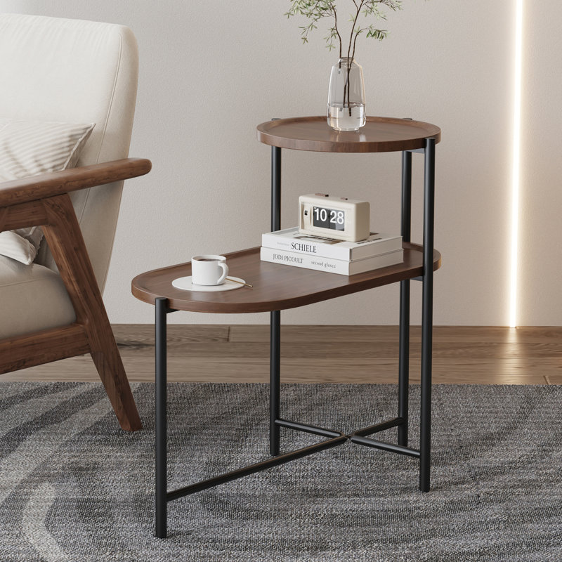 2-Tier Side Table With Storage, Sofa Table Wooden Desk End Table, Walnut Brown