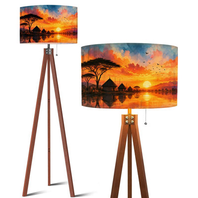 Tripod Standing Lamp Vibrant Sunset Huts Reflective Water Landscape Traditional Remote Control Dimmable LED Floor Lamp Mid Century Beech Wood Legs Detachable Linen Drum Shade for Living Room Bedroom Home Office