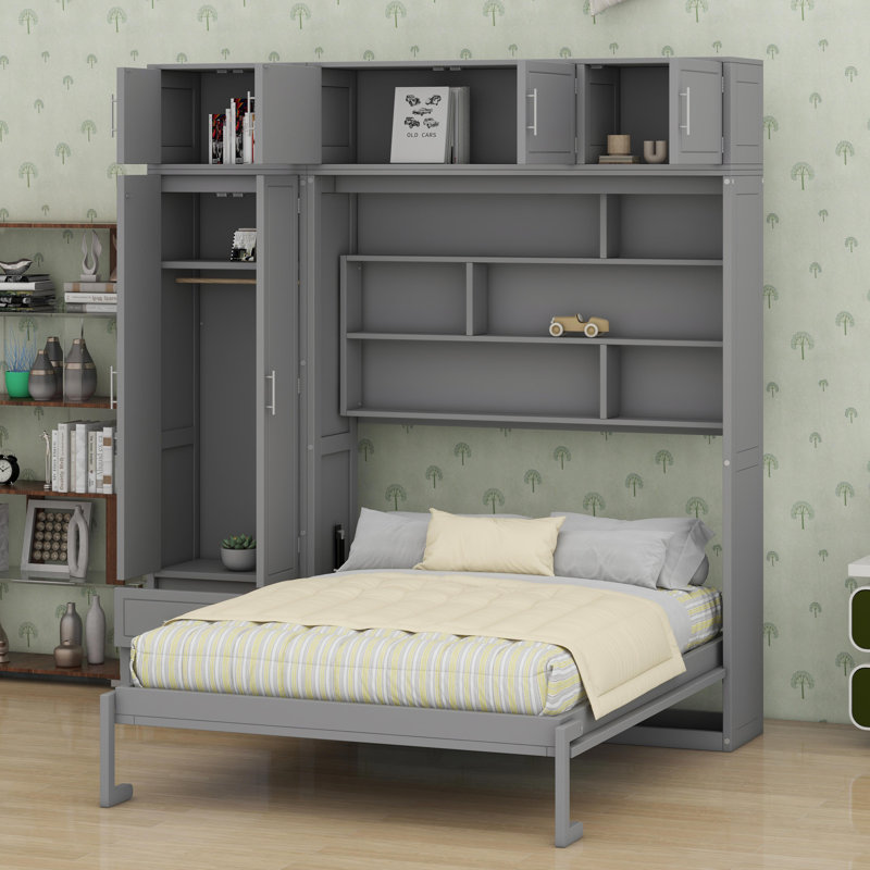 Murphy Bed With Top Cabinet, Gray