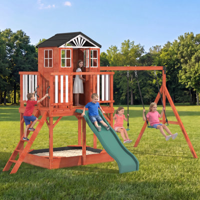 Wooden Outdoor Swing Set with Elevated Playhouse, Wave Slide, 2 Belt Swings and Sandbox