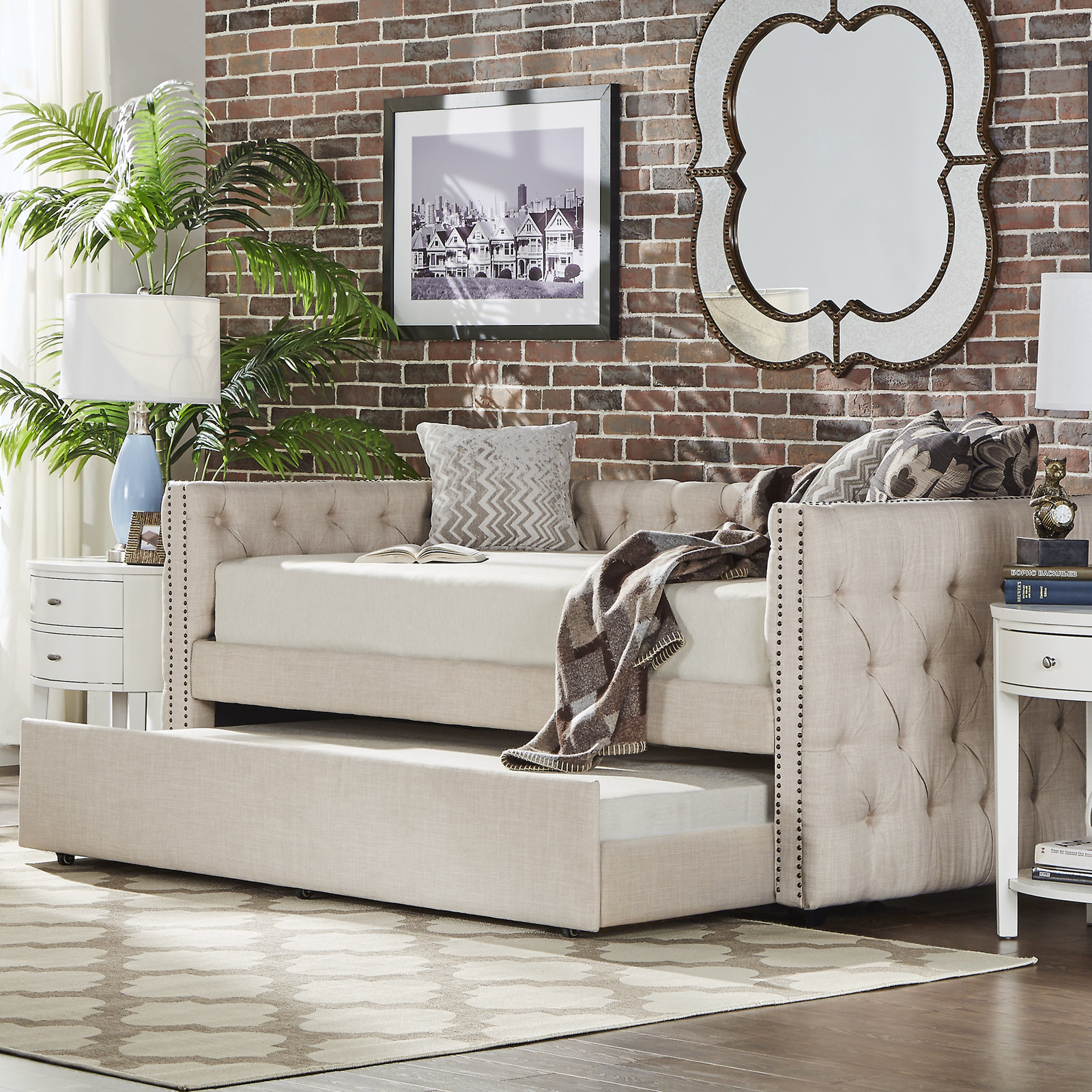 Upholstered Daybed with Trundle, Beige, Twin