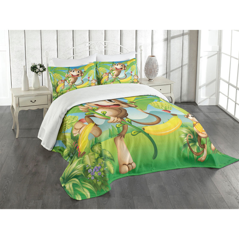 Ambesonne Cartoon Bedspread Set 2 Monkeys and Bananas Multicolor, King Bedspread + 2 Standard Shams