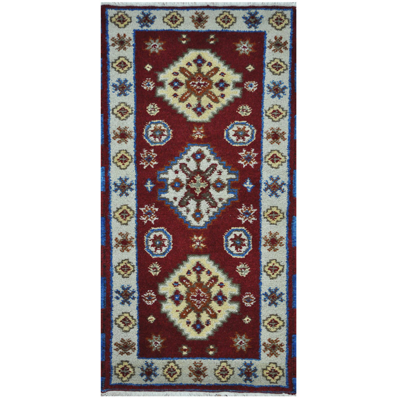 Tapis de zone en laine 2 pi x 4 po one-of-kind à la main noué la kazak Bechara
