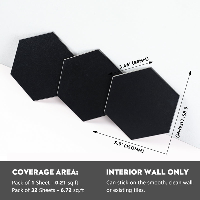 6.85 W x 5.9 L Hexagon Peel and Stick Backsplash Mosaic Tile (32 Pieces), Black