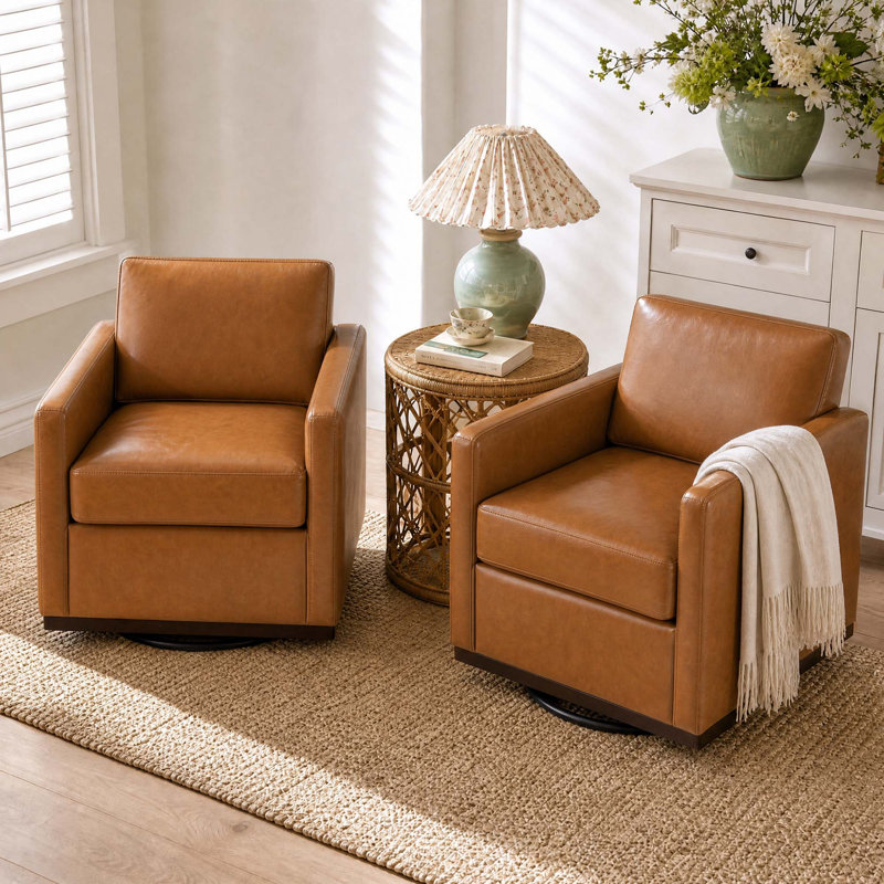 Chaise avec accoudoirs pivotante carrée moderne brun clair avec base matel (ensemble de 2), Similicuir brun clair