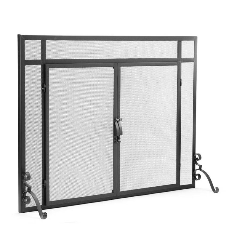 Flat Guard Fire Screen With Doors in Solid Steel, 39"W x 31"H, Black