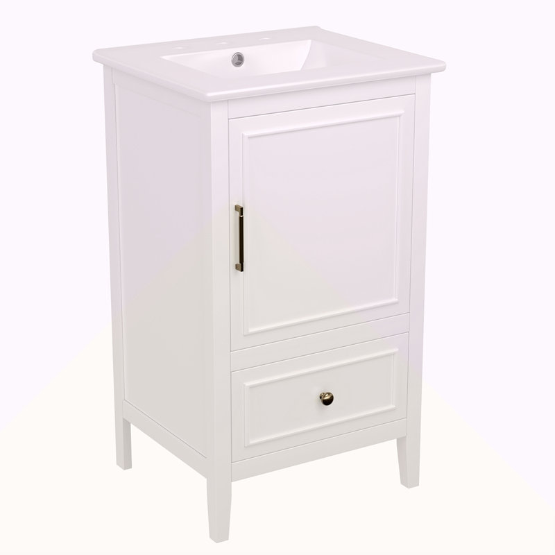 Meuble-lavabo de 20 po avec lavabo, armoire de salle de bain avec porte, tablette de porte et patins réglables, tiroir, Blanc