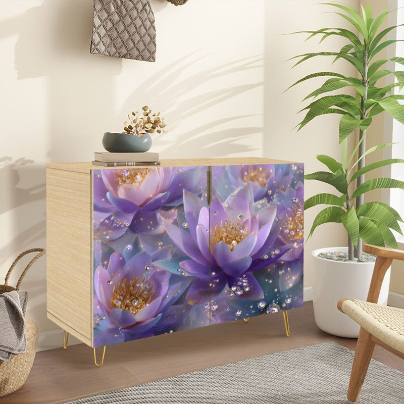 Buffet Buffet avec rangement Fleurs de lotus mauves aux accents de cristal élégants avec 2 portes pour le salon et la cuisine