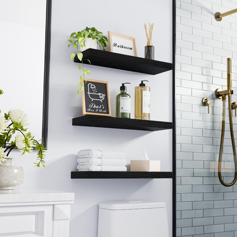 Tablettes flottantes pour le mur, tablettes murales en bois rustique, tablette suspendue pour livres / rangement / décor de chambre d'une capacité de 22 lb (noir, ensemble de 3, 15,7 po)