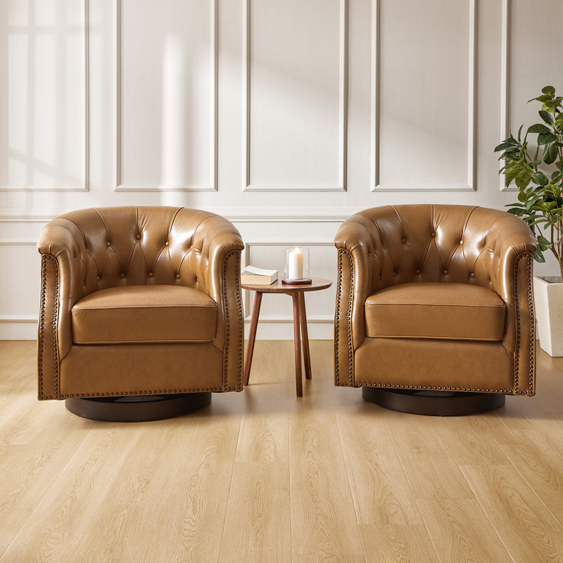Nixmary Chesterfield Rocker And Swivel Genuine Leather Chair With Nailhead Trims, Camel Genuine Leather