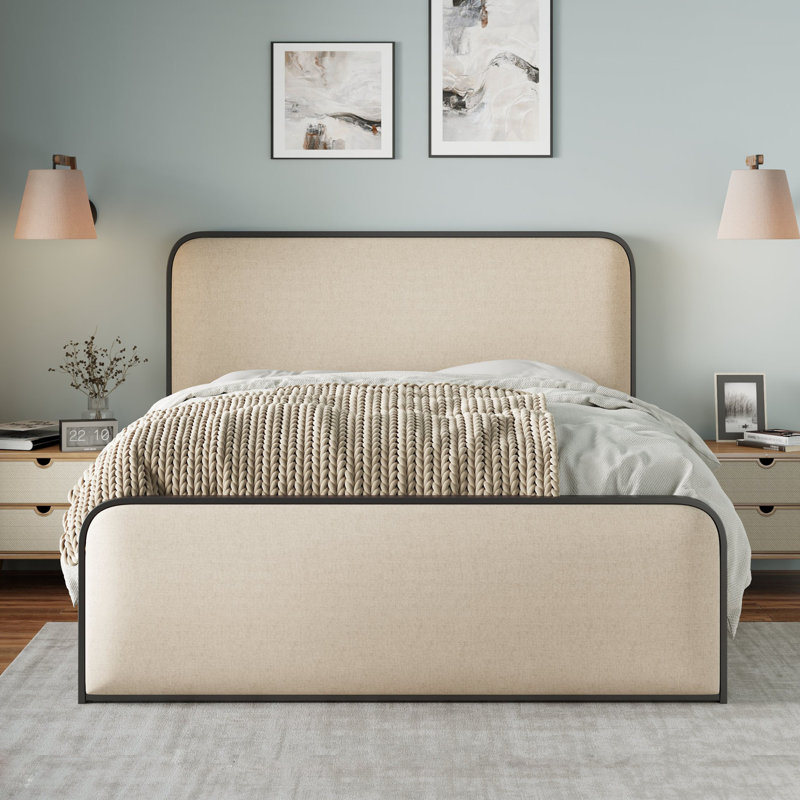 Structure de lit moderne en métal avec tête de lit tapissier courbée, Très grand