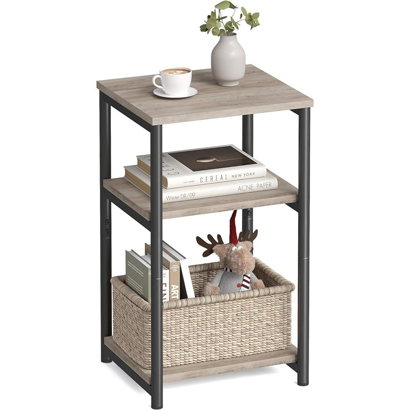 Greige and Black Metal Frame Rectangular End Table with Storage