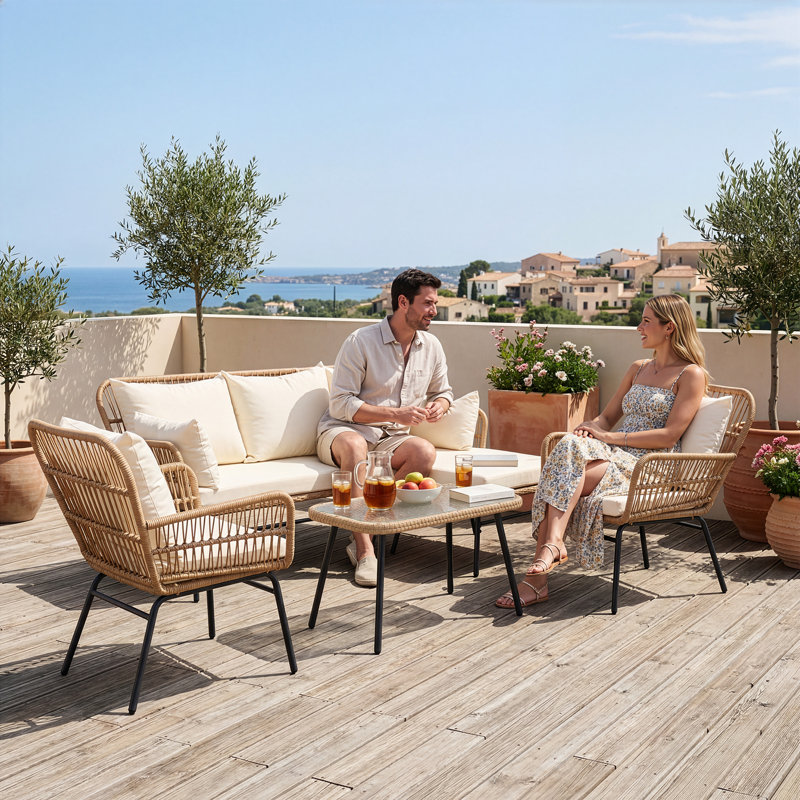 Alfhild 6 Piece Wicker Boho Patio Furniture Set with Rectangular Glass-Top Table, Outdoor Conversation Set, Sectional Seating Group