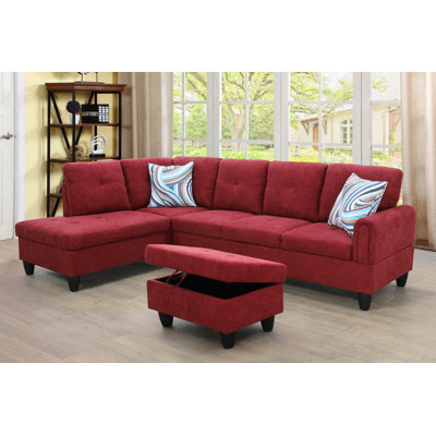 Red Fabric 3-Piece Sectional Sofa Set with Storage Ottoman