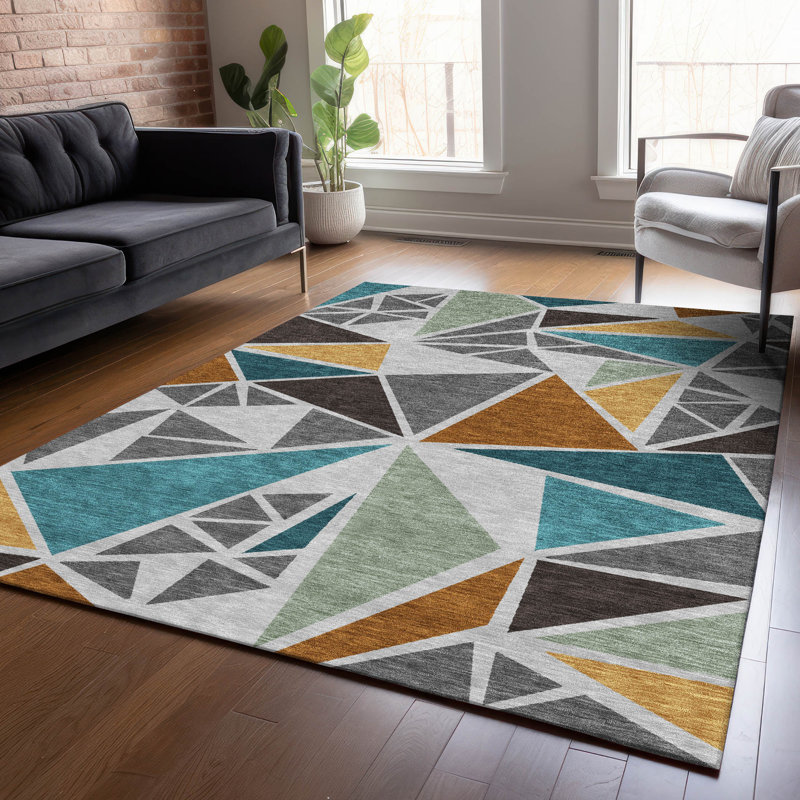 Gray Geometric Machine Washable Synthetic Area Rug 3' x 5'