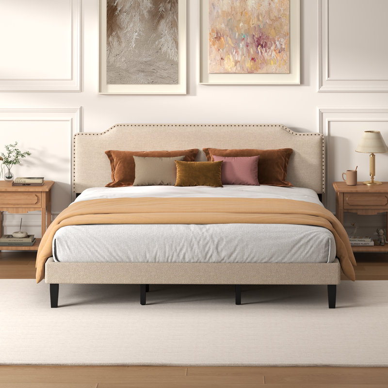 Upholstered Panel Bed with Nailed Headboard, King, Beige