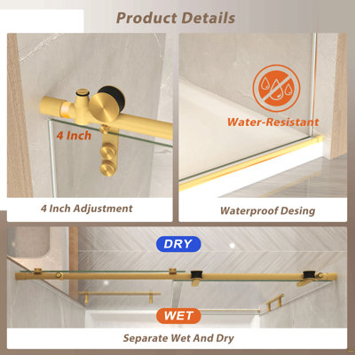 44-48" x 76" H Frameless Sliding  Shower Door, 5/16" (8mm) Clear Tempered Glass, Stainless Steel Frame,Brushed Gold
