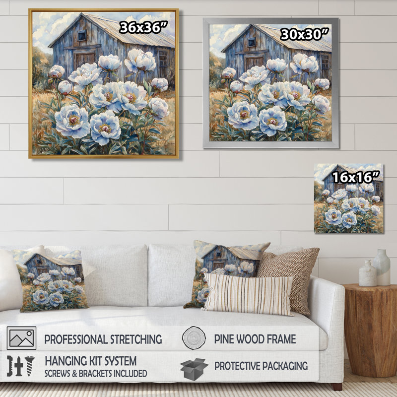 Décoration murale pivoines bleues Dahlberg par The Shed II - pivoines, Impression encadrée flottante, Noir, noir, noir, noir
