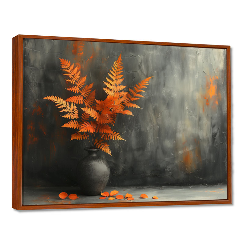 Fougère orange, gris, charme rustique - fougères, art mural, Toile avec cadre flottant brun, H 30 po x l 40 po x P 1,5 po