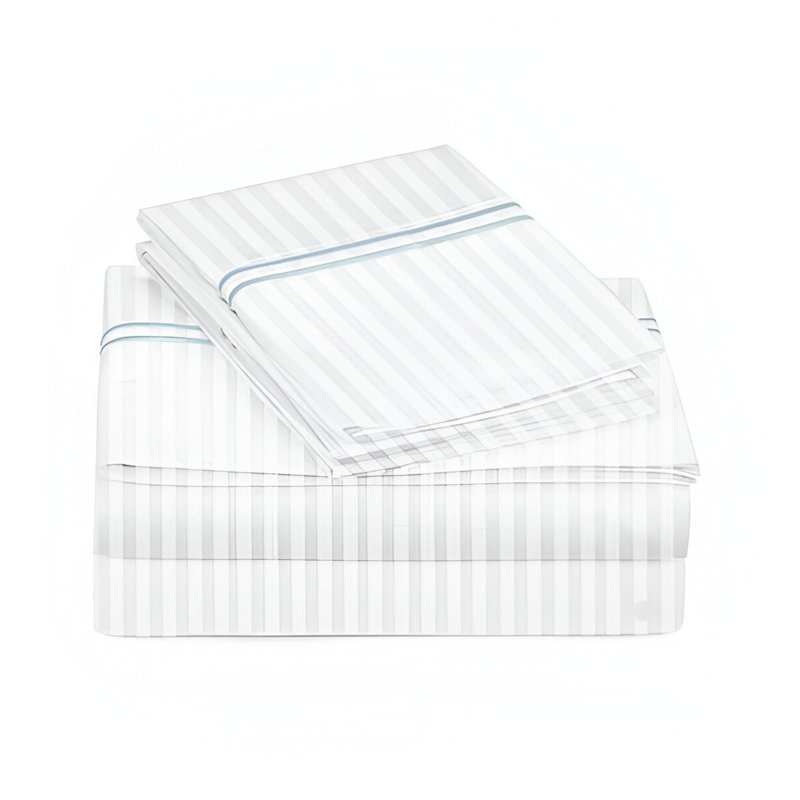 400TC Double Embroidery Sateen Stripe Cotton 4 Piece Sheet Set Fitted Sheet Fits Upto 16" Deep Pocket, Light Blue/White