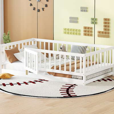 White Twin Bed With Fence And Door - Pine Wood Frame Floor Slats Construction, For