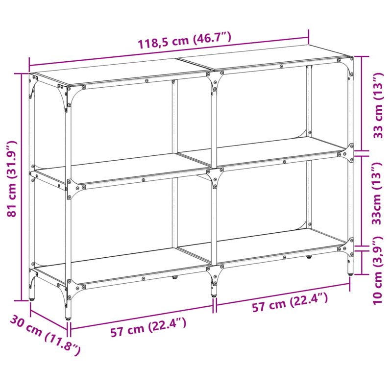 Console Table With Glass Top Steel, 81cm H x 118.5cm W x 30cm D, Black Glass