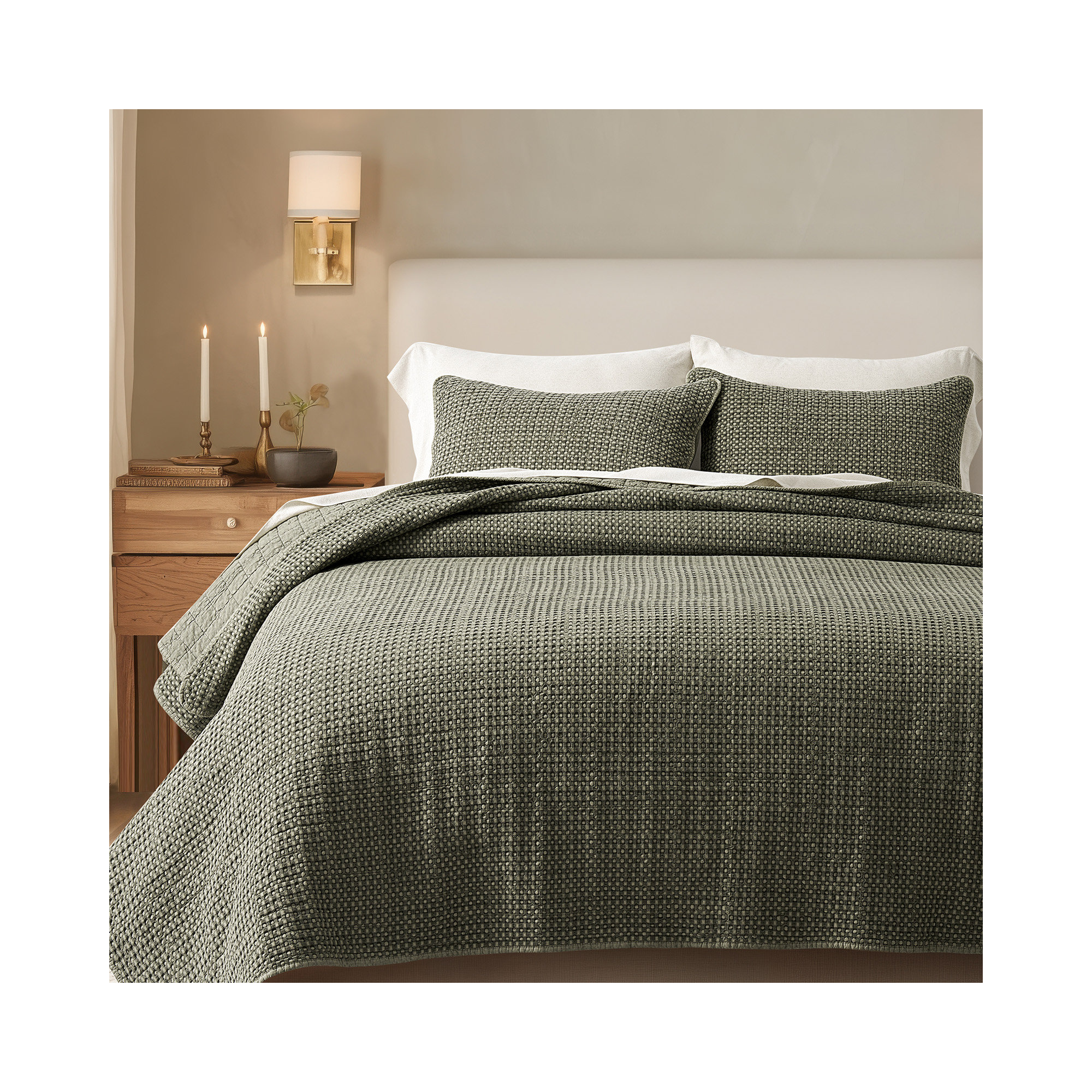 Stonewashed 100% Natural Cotton Waffle Quilt Set, King Quilt + 2 King Shams, Olive Green