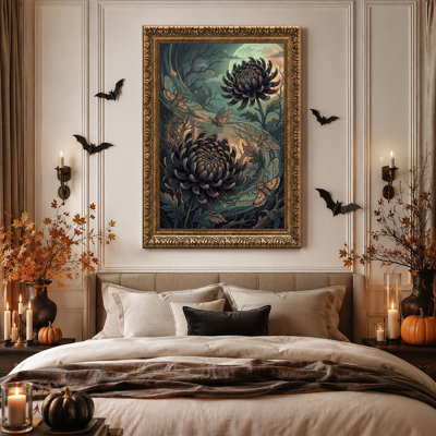 Chrysanthèmes noirs et papillons de nuit dans une forêt au clair de lune - Toile murale d'Halloween