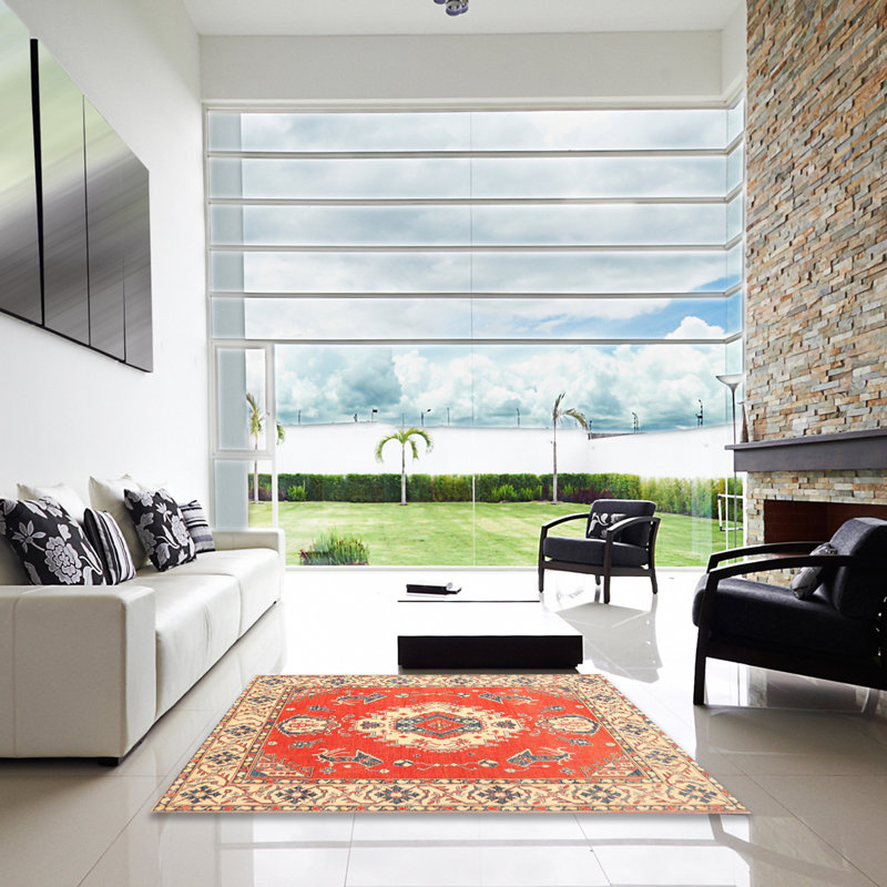 Tapis rouge/bleu traditionnel Andora, Carré 5 pi