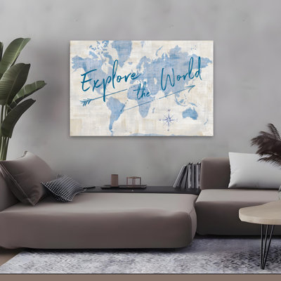 World Map Collage Explore Contemporary Blue White Beige Compas