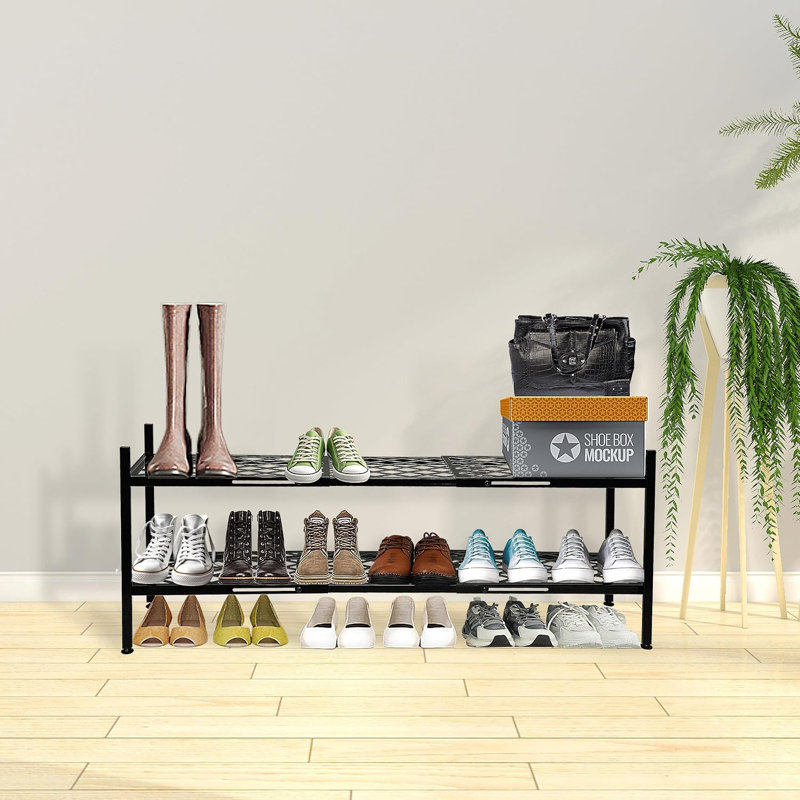 Étagère à chaussures extensible en métal, tablette de rangement à 2 niveaux avec grille métallique robuste, porte-chaussures, noir - Empilable