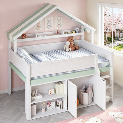 Lit mezzanine double avec auvent, rangement et structure en bois de pin durable en blanc et vert
