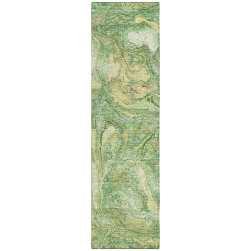 Machine Washable Indoor/Outdoor Xhevrie Green Rug, Runner 2'3" x 7'6"