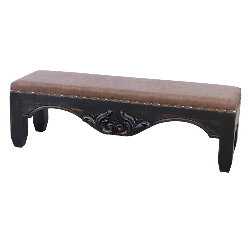Banc rembourré en bois sculpté et cuir