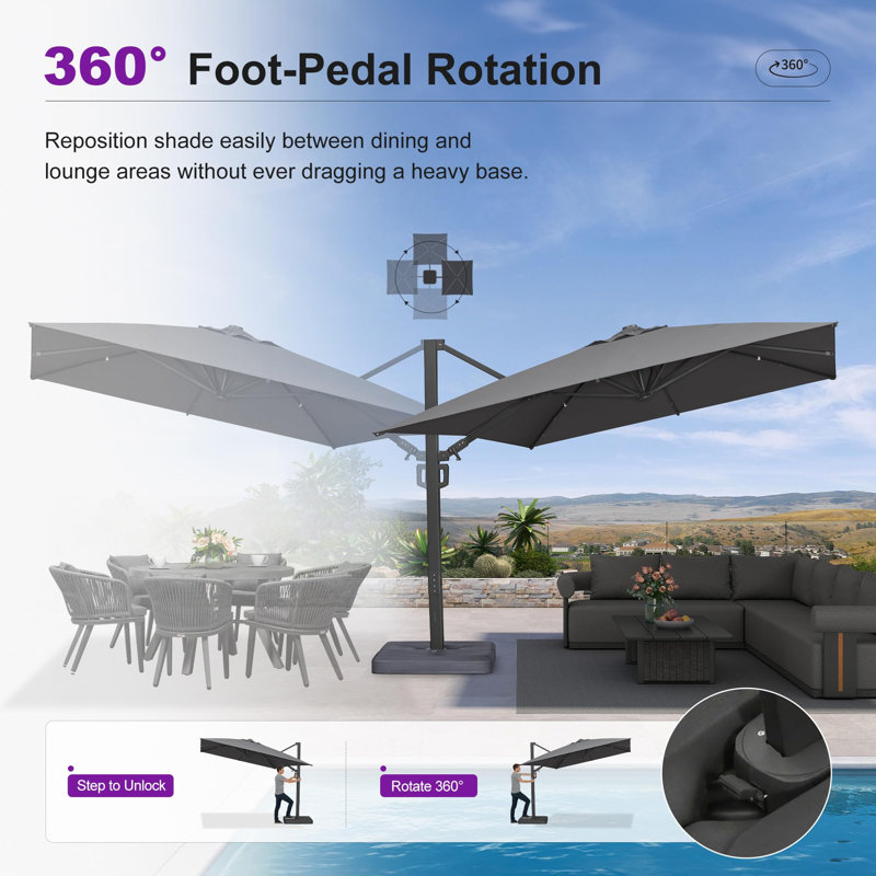 Grand parasol rectangulaire extérieur en porte-à-faux décalé en aluminium 120 po x 156 po avec base et rotation à 360 degrés