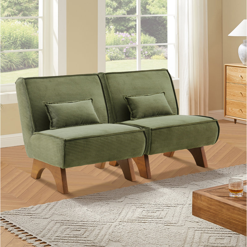 Kayala Armless Modular Upholstered Accent Lounge Chair with Pillow (Set of 2), Light Green Chenille