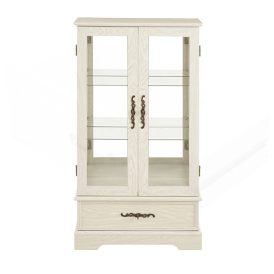 Vintage Lighted Glass Cabinet With Storage Drawer, Curio Display Case With Adjustable Shelves, 2 Glass Doors, And Included Bulb