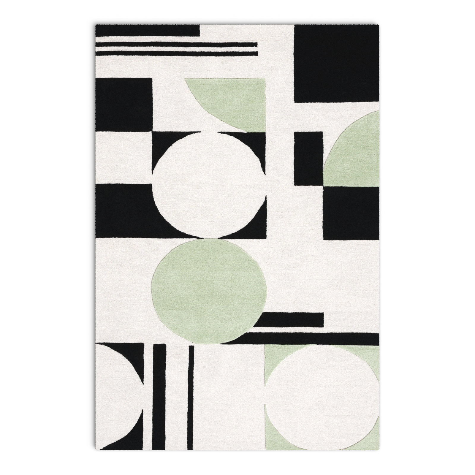 Felipe Green Black White Hand-Tufted Wool Rug, Rectangle 6' x 9'