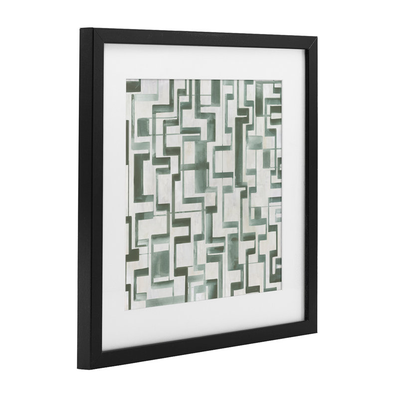 Labyrinthe géométrique vert, reproduction encadrée sous verre, design par Hannah Dawson, H 13 po x l 13 po, Cadre noir minuit