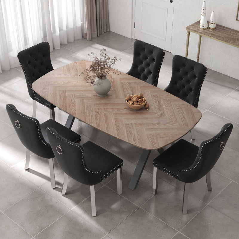 Rectangular Wooden Dining Set with Tufted Dining Chair, Black, 29.5"H x 71"L x 35.4"W