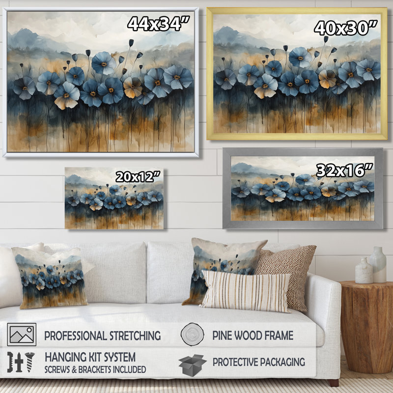 «Blue Poppies Field in The Prairies», art mural coquelicots, H 12 po x l 20 po, Cadre flottant noir
