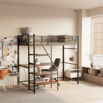 Lit mezzanine simple en métal noir avec chambre à coucher et dortoir, avec station de charge intégrée et éclairage à DEL